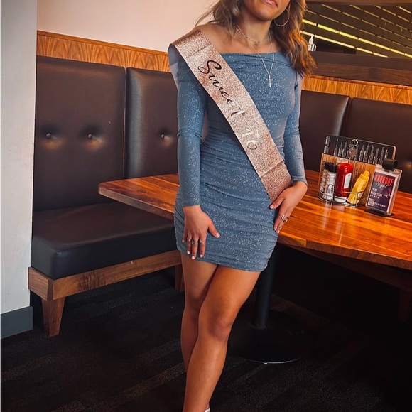 Windsor Sparkling Blue Off-Shoulder Dress - Picture 1 of 3